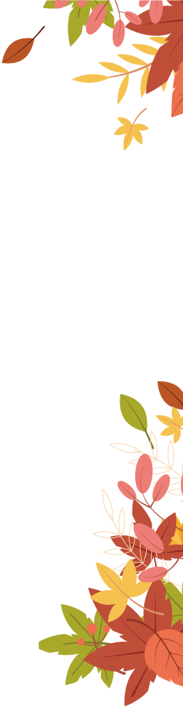 Decorative autumn leaf border framing the page along the top and bottom edges, in red, orange, yellow, and green hues.