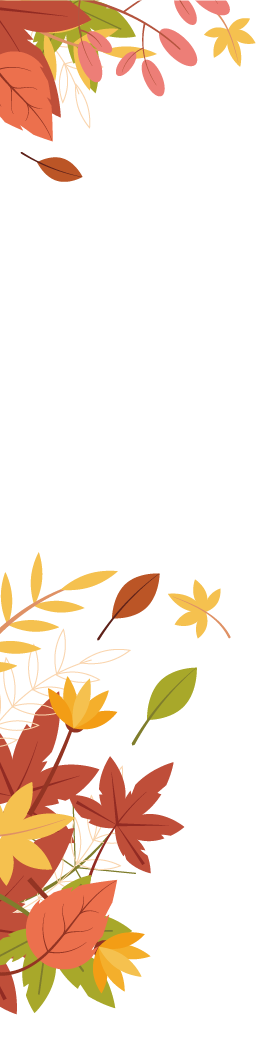 Decorative autumn leaf border framing the page along the top and bottom edges, in red, orange, yellow, and green hues.