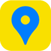 Blue map pin (location marker) on a bright yellow rounded-square background